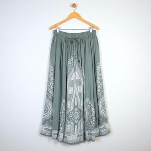 Gypsy Blu Sage Green Mandala Print Rayon Maxi Skirt Small Boho Drawstring India